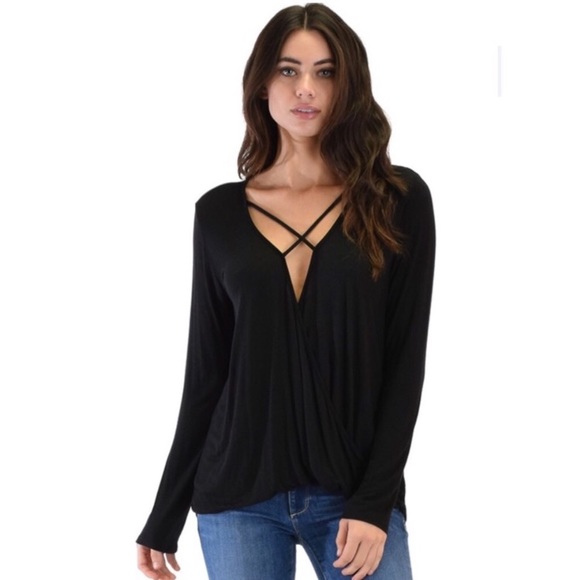Black Surplice Criss Cross Top - Picture 2 of 6
